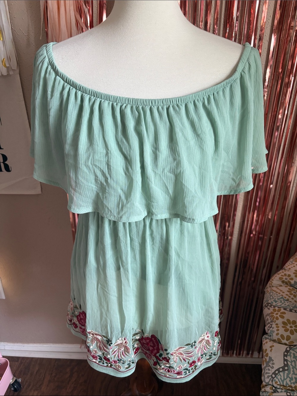 Vava by Joy Han mint green off the shoulder boho romper